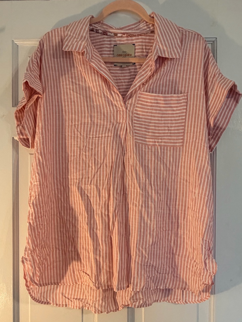 Casa Cabana Pink White Striped Short Sleeve Shirt Size Large